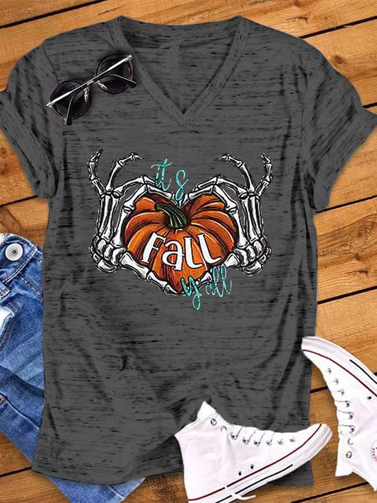 Women's Halloween It's Fall Y'all Pumpkin Print Snowflake Dot V-Neck T-Shirt