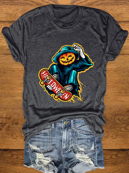 Women's Halloween Pumpkin Man Skateboard Cartoon Print T-Shirt