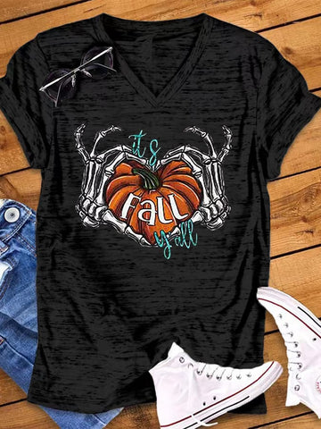 Women's Halloween It's Fall Y'all Pumpkin Print Snowflake Dot V-Neck T-Shirt