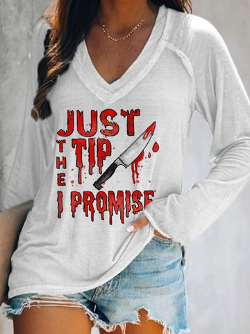 Women's Funny Halloween Just The Tip, I Promise V-Neck Long-Sleeve T-Shirt