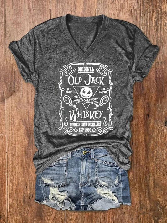 Women's Halloween Whisky Print V-Neck T-Shirt