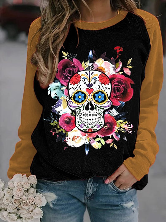 Women's Day of the Dead Sugar Skull Flower Crown Print Sweatshirts