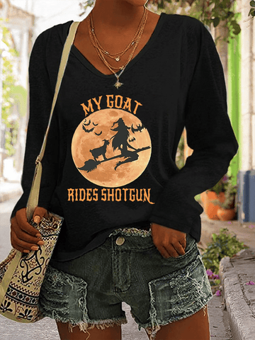 Women's Witch MY GOAT RIDES SHOTGUN Fun Print Casual V-Neck Long Sleeve T-Shirt