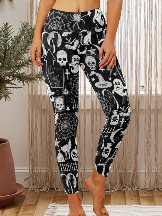 Women's Black Halloween Witch Hats Cats Print Leggings