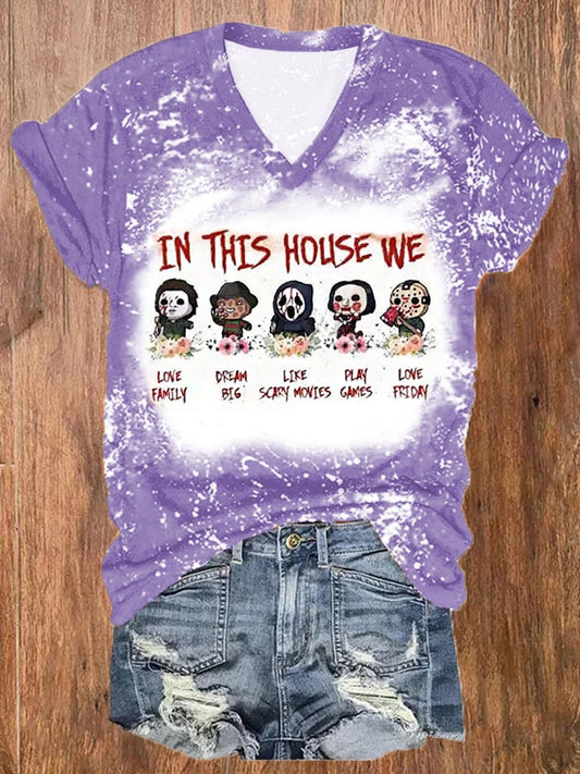 Women's Halloween Bleach Print V-Neck Tee