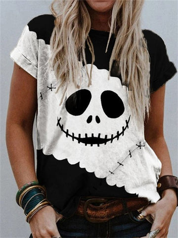 Women's Halloween Funny Skull Emoticon Print Patchwork T-Shirt