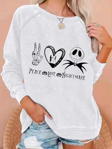 Women's Halloween Peace Love Nightmare Skull Print Top