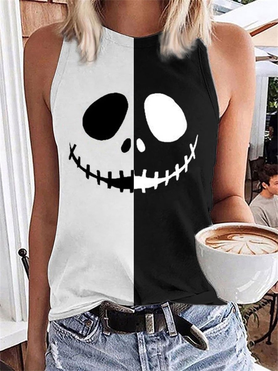 Women's Halloween Funny Skull Emoticon Print Tank Top