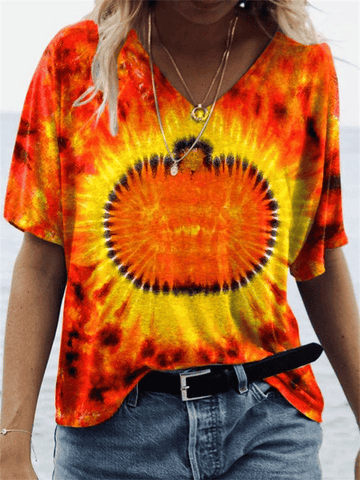 Women's Halloween Pumpkin Tie-Dye V-Neck T-Shirt