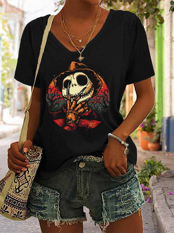 Women's Halloween Skull Face Print Casual T-Shirt