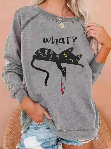 Women's Halloween Black Cat Print Casual Sweatshirt