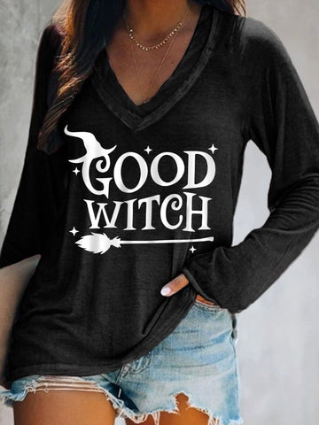 Women's Halloween Funny Good Witch Casual V-Neck Long-Sleeve T-Shirt