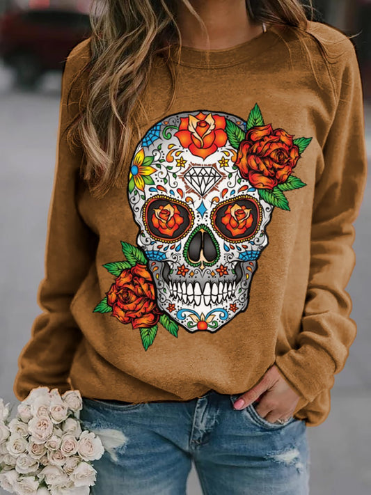 Women's Day of the Dead Sugar Bloom Skull Print Sweatshirts