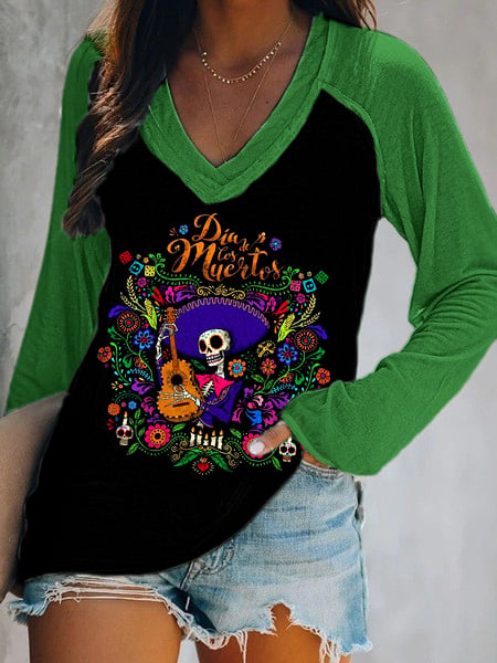 Women's Art Undead Skull Print Double Layer V-Neck Long Sleeve T-Shirt