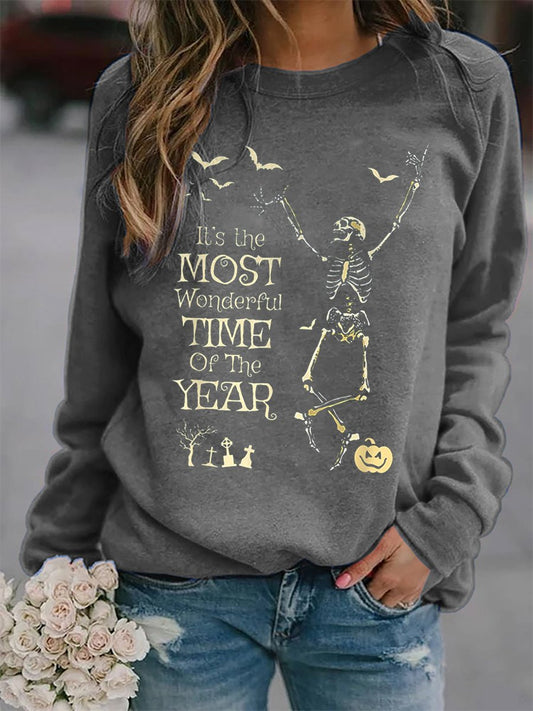 Women's It's The Most Wonderful Time of The Year Skull Pumpkin Print Sweatshirt