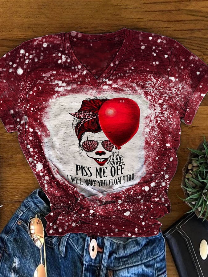 Women's Halloween Plss Me Off I Will Make You Float Too Print V-Neck T-Shirt