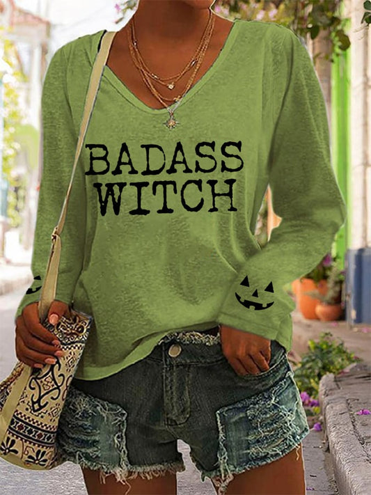 Women's Funny Badass Witch Pumpkin Face Long-Sleeve T-Shirt