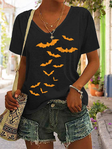 Women's Halloween Bat Print Casual V-Neck Tee