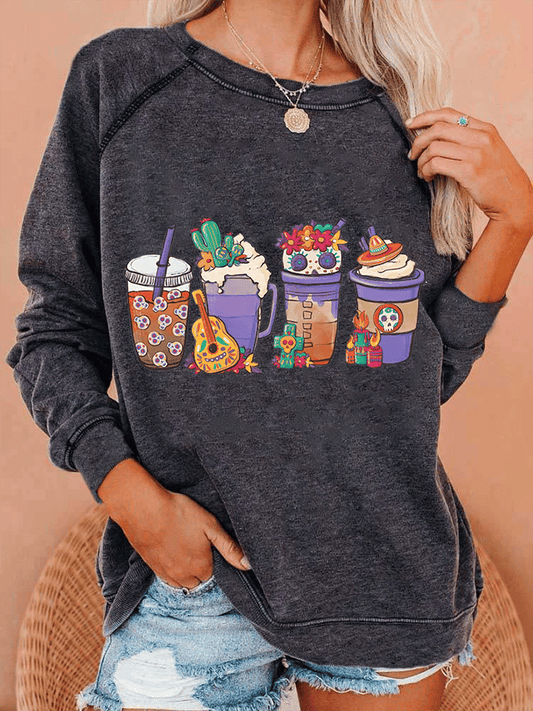 Women's Undead Coffee Fun Print Casual Crewneck Sweatshirt