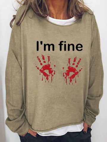 Women's Halloween Humor Funny Bloodstained I'm Fine Printed Long Sleeve T-Shirt