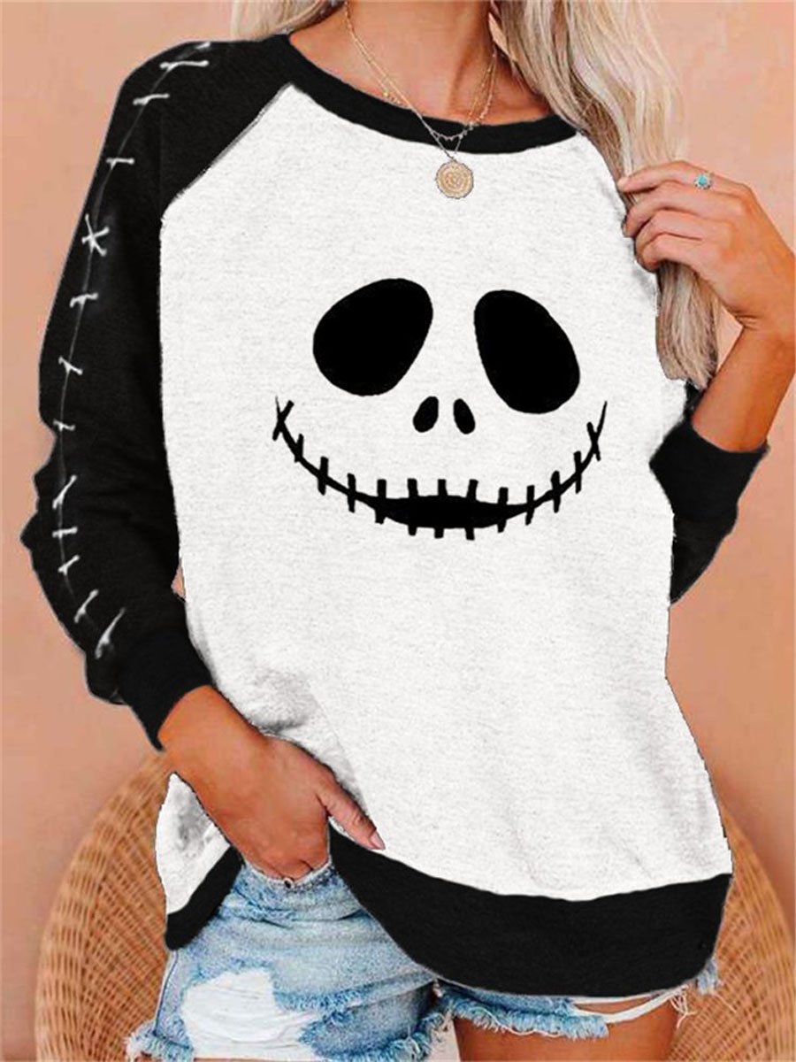 Women's Halloween Funny Skull Emoticon Print Sweatshirt