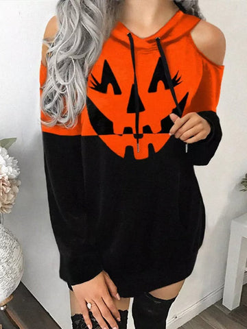 Women's Halloween Pumpkin Face Hooded Mini Dress