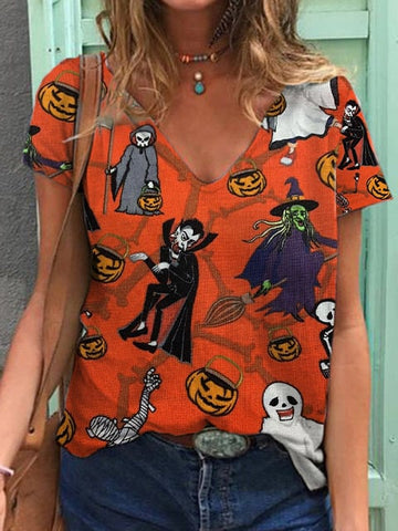 Women's Ghost And Pumpkin Halloween Print V-Neck Short Sleeve T-Shirt