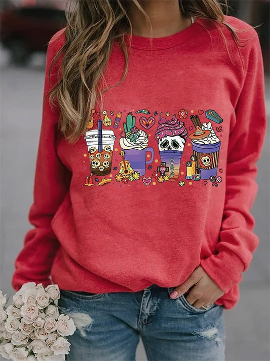 Women's Skeleton Monster Coffee Fun Print Sweatshirt