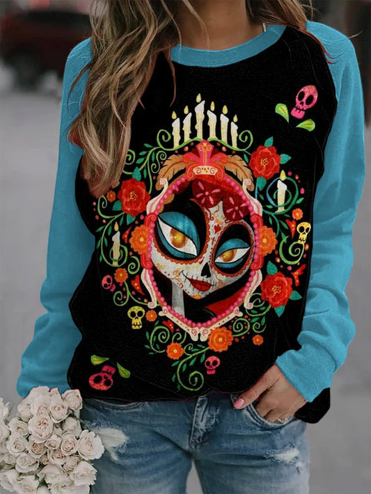 Women's Day of the Dead Art Print Raglan Sleeve Sweatshirt