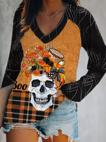 Women's Day Of The Dead Sugar Skull Print Double Layer V-Neck Long Sleeve T-Shirt