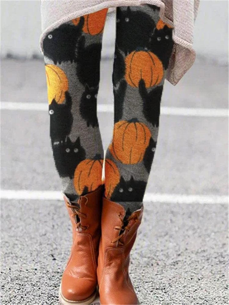 Women's Halloween Black Cat Pumpkin Print Leggings