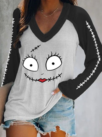 Women's Halloween Nightmare Sally Happy Face Long-Sleeve T-Shirt