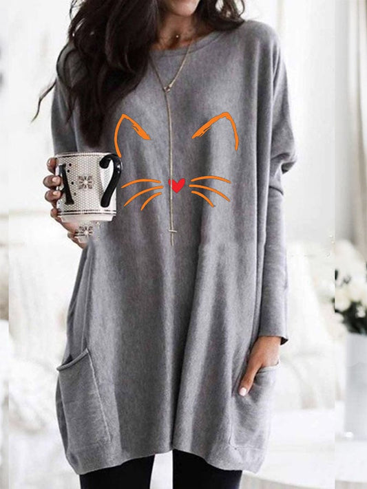 Women's Halloween Cute Cat Print Pocket Long T-Shirt