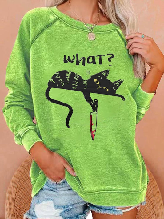 Women's Halloween Black Cat Print Casual Sweatshirt