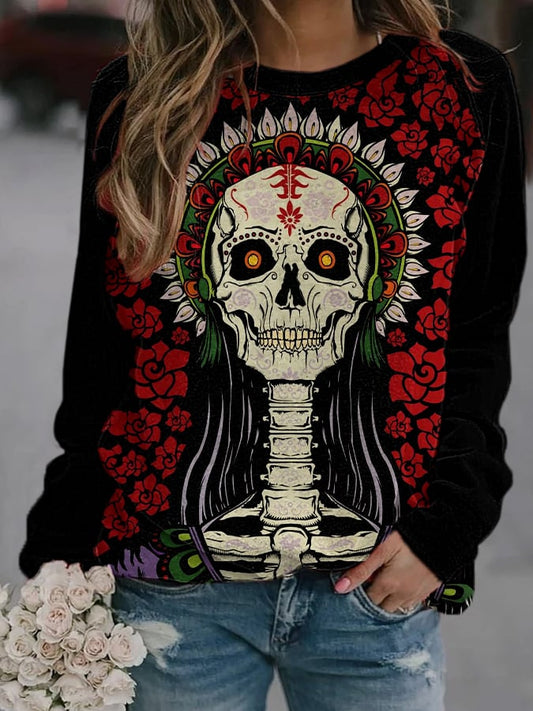 Women's Day of the Dead Dia De Los Muertos Skull Flower Print Sweatshirt